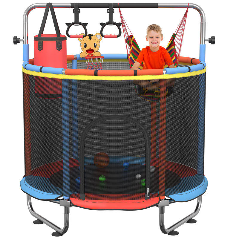 Trampoline multifonctionnel pour enfants | Transat intérieur 60 "| Cadre en acier haute résistance | Capacité de 500 lb | Trampoline rouge et noir avec hamac, panier de basketball et sac de boxe