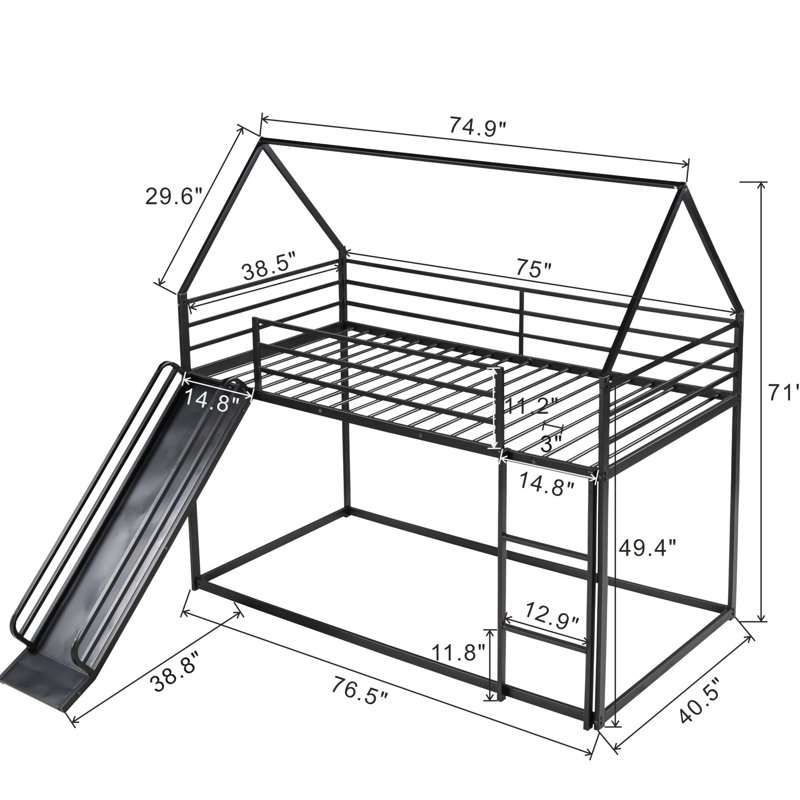 Lit superposé simple au-dessus d'une maison avec glissade - Métal pour chambre à coucher, Noir
