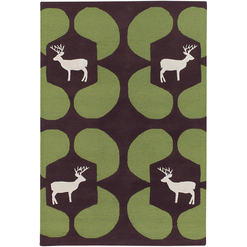 Valencia Authentic Hand-Crafted Hand-Tufted White Deer Silhouette Green Geometric Shape On Brown Wool Indoor Area Rug