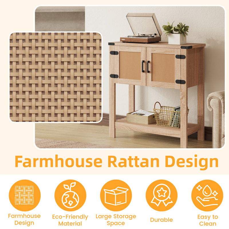 Farmhouse Console Table With Rattan Doors, Entryway Table With Storage Cabinet, Wooden Entry Table With Metal Handle For Kitchen, Hallway, Living Room