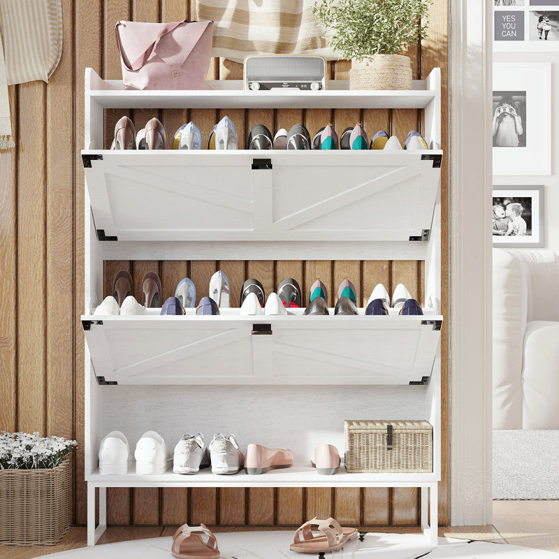 Shoe Cabinet With 2 Flip Drawers,Shoe Storage Cabinet For Entryway,Freestanding Shoe Cabinet Organizer With Open Storage,Narrow Farmhouse Shoe Rack With Metal Corner Decoration Legs