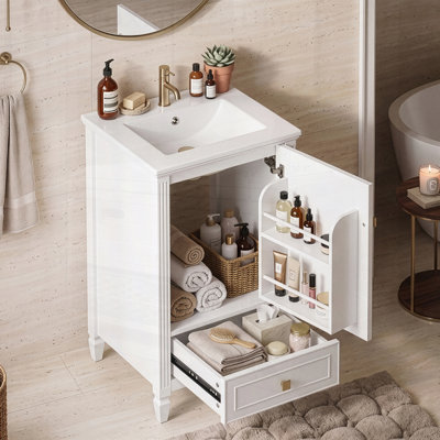 Meuble-lavabo de salle de bain avec lavabo en céramique, meuble-lavabo autoportant avec armoire de rangement, support de rangement, fabrication robuste, finition peinte lisse