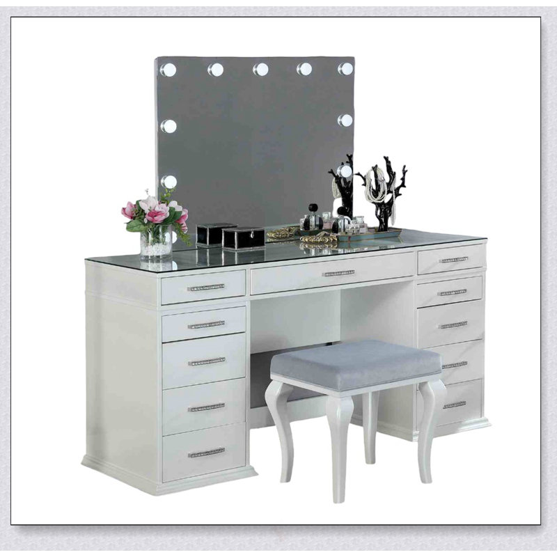 Glam Style Vanity Set With Padded Stool, 8Mm Glass Top, Storage Drawers, And LED Mirror For Luminous Bedroom Decor