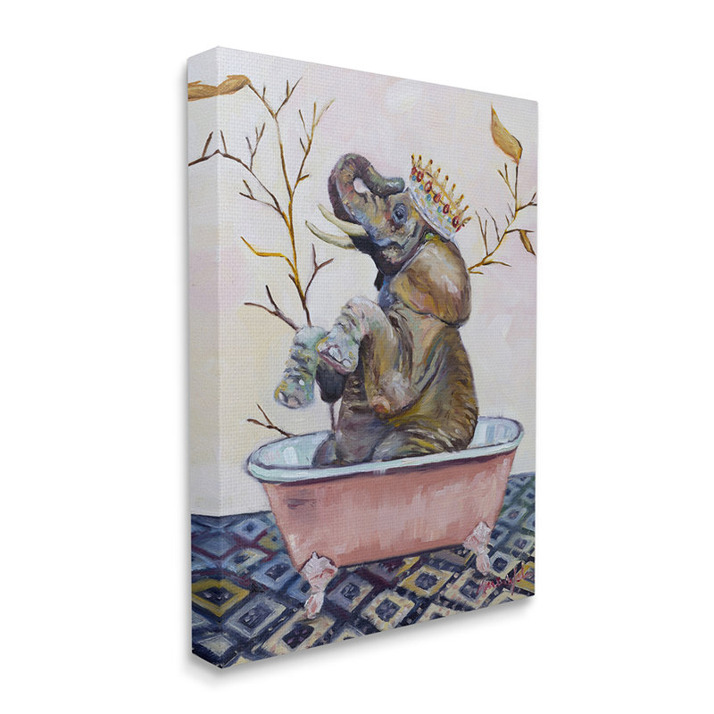 Regal Safari Elephant avec baignoire rose - impression d'art graphique, H 20 po x l 16 po x 1,5 po, Toile tendue