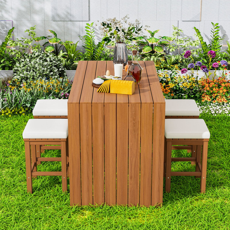 Table de salle à manger 5 pièces pour l'extérieur avec table en bois et 4 tabourets rembourrés