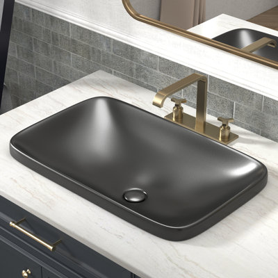 Los Flexi 24" x 15" Matte Black Ceramic Semi-Recessed Rectangular Vessel Bathroom Sink with Pop-Up Drain