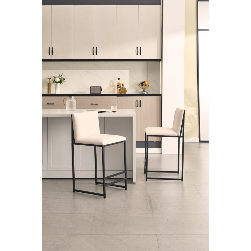 Counter Height Bar Stools Set Of 2, Upholstered Linen Bar Chairs, Metal Footrest And Frame For Kitchen,Dining Room, Ivory