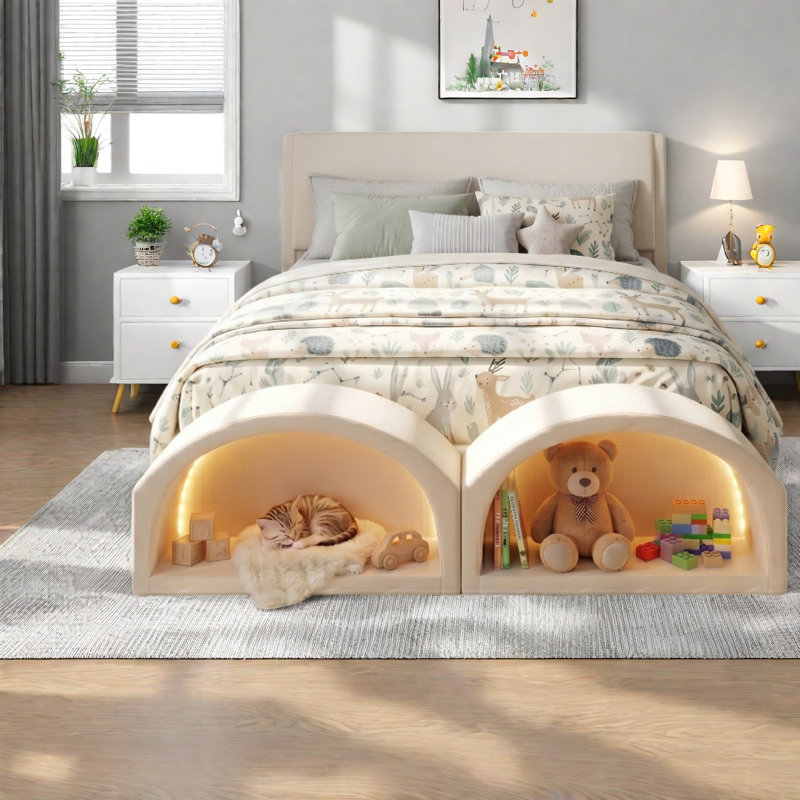 Lit double pour chat, lit double tapissier beige, maison moderne pour animaux de compagnie