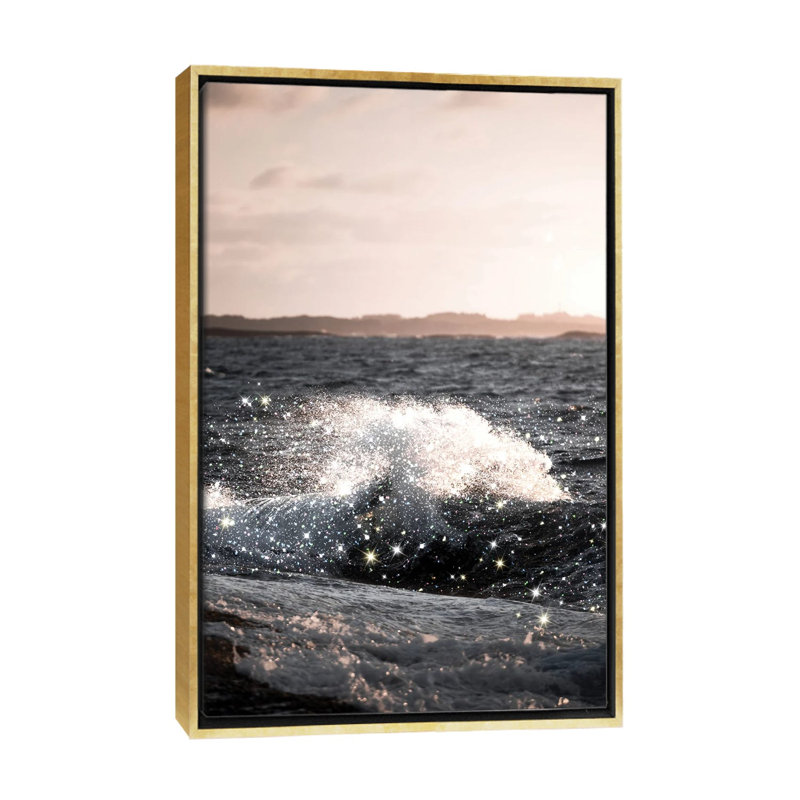 Vague coucher de soleil paillettes-impression d’art graphique, H 26 po x l 18 po x 1,5 po, Toile encadrée d'or, Pas de tapis