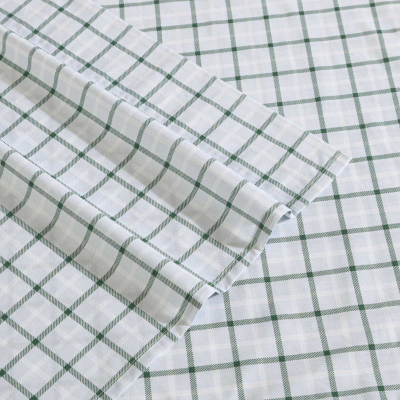 Shasta Lake Cotton Percale Standard Sheet Set, King Sheet Set with 2 Pillowcases, Classic Tattersall Plaid Green