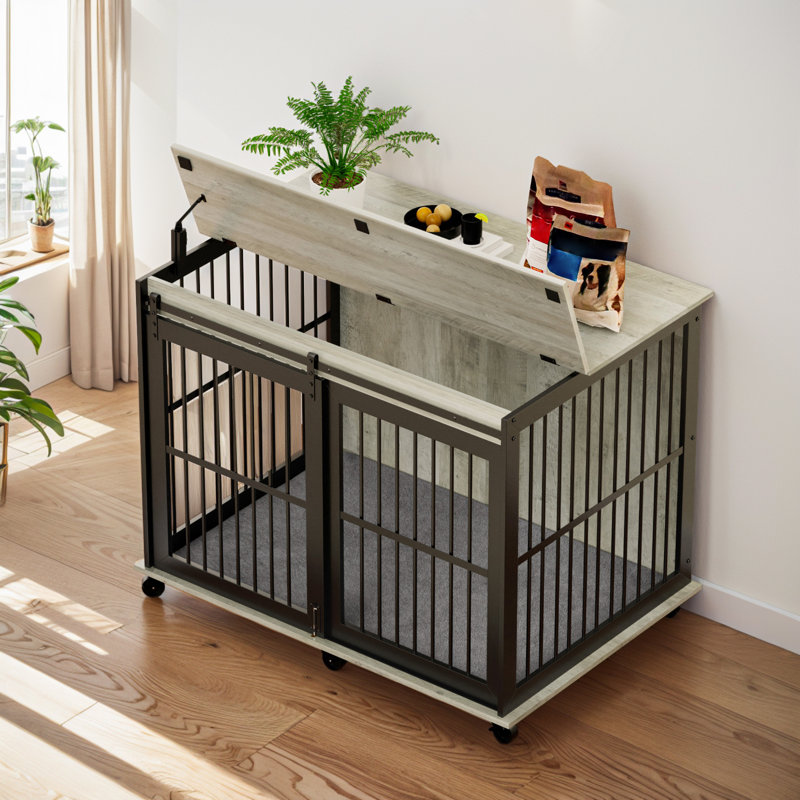 Gray and Black Iron Dog Crate with Sliding Door and Cushion
