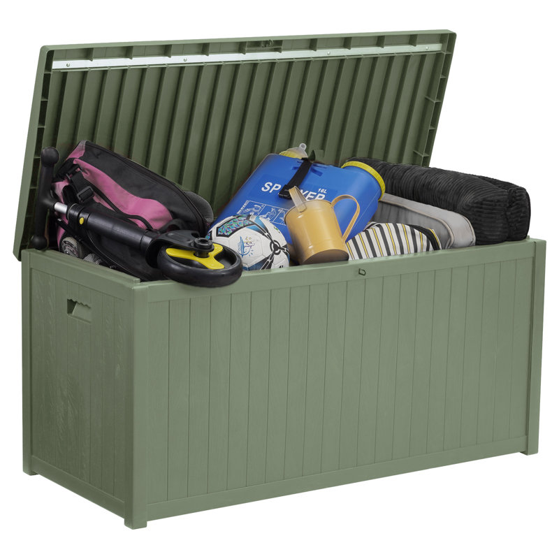 120 Gallon Outdoor Storage Box, Lockable Outside Storage Box Waterproof, Patio Cushions Deck Storage Boxes, Rattan Plastic Garden Hose Containers Resin Pool Storage Bins with lids, Sage Green