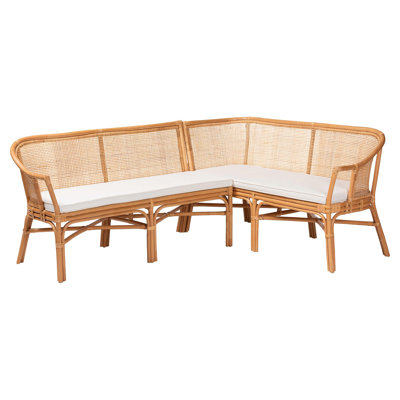 Bali & Pari Adede 2-Piece Natural Rattan Corner Bench Set - Handwoven Wicker L-Shaped Dining Nook Seating With Cushions, Boho Coastal Style Banquette