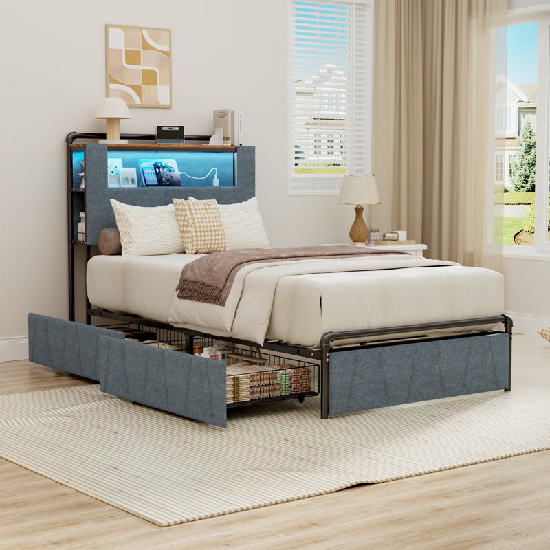 Twin Bed Frame with 2-Tier Storage Headboard, Metal Platform Bed Frame with 2 Storage Drawers, Built in Charging Station & LED, Gray