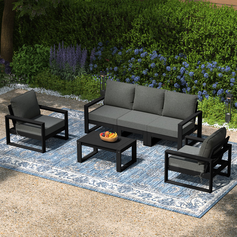 Ensemble de conversation modulaire 6 pièces avec cadre noir Patio, Gris foncé