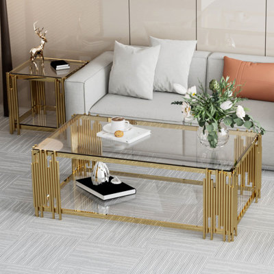2 Piece Living Room Table Set, Glass Top Coffee Table & End Table