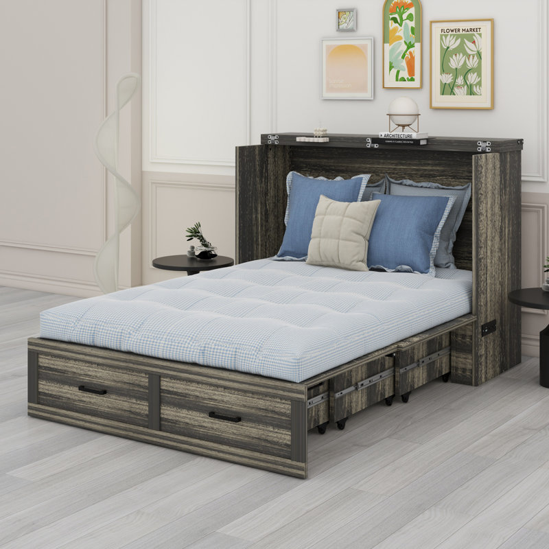 Armoire lit escamotable Murphy avec station de charge, lit plateforme pliable multifonctionnel avec grand tiroir de rangement