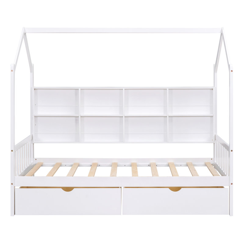 Lit simple en bois avec 2 tiroirs, lit avec tablette de rangement, blanc