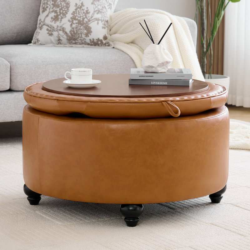 Repose-pieds capitonné rond avec rangement de 30 po de largeur, Similicuir brun