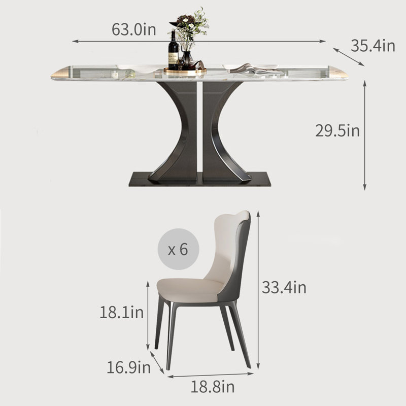 Ensemble de table de salle à manger Modern Luxury, H 29,5 po x L 63 po x l 35,4 po, 7