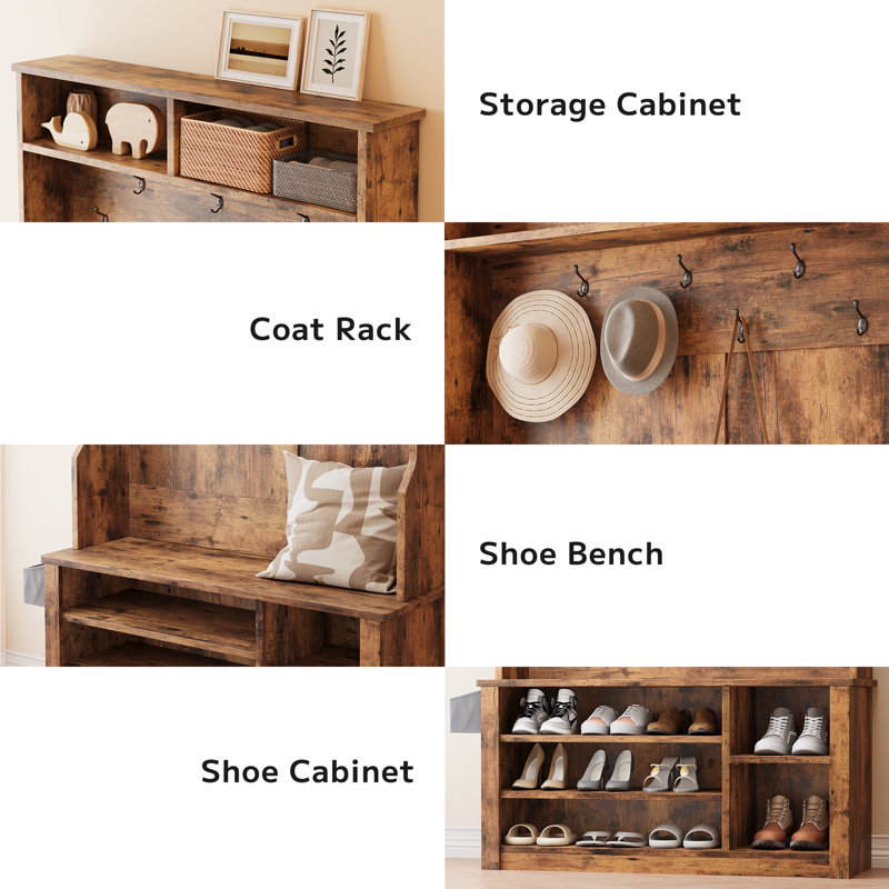 Farmhouse Hall Tree – Bench, Shoe Storage, Side Baskets & Hooks for Entryway, No, Rustic Brown