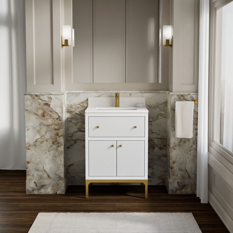 Calpa Bathroom Vanity Cabinet With Sink And Quartz Top, White, 24"