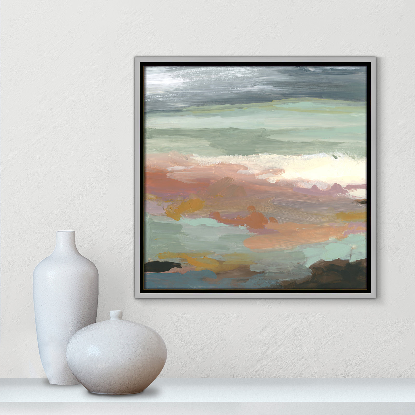 Ocean Bluffs by Carol Robinson - Painting Print on Paper, Picture Framed Canvas, 17.5" H x 17.5" W, Silver