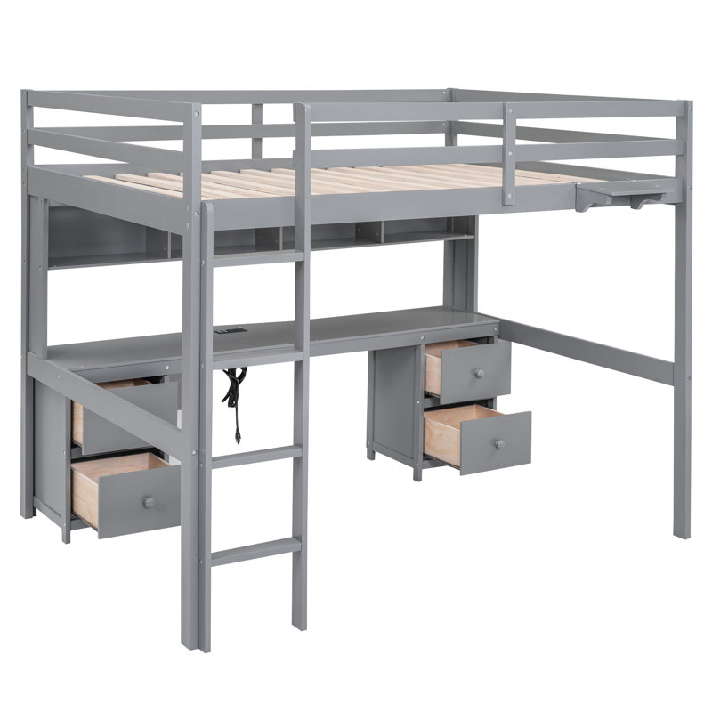 Lit mezzanine pleine grandeur gris avec bureau, tiroir et rangement, Gris