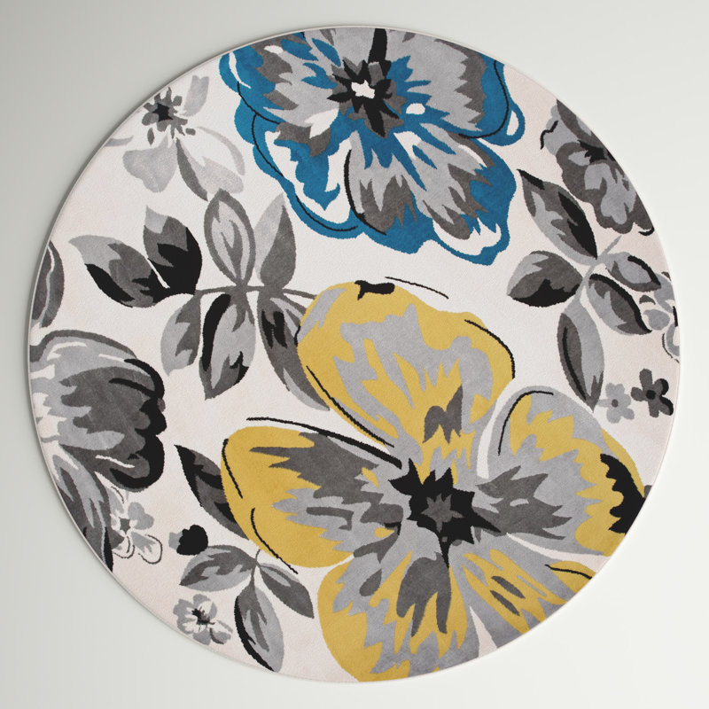 Modern Floral Cream/Yellow/Blue Performance Area Rug, Round 6'6"