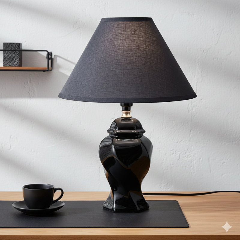 Lampe de table en céramique de 13 pouces de haut en forme d'urne, avec une finition noire et un abat-jour en lin