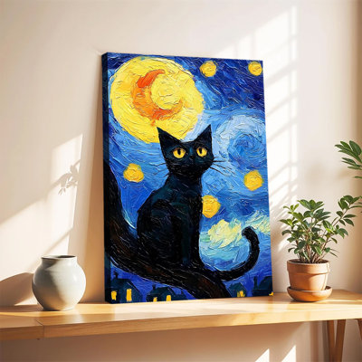 Van Gogh Style Starry Night Black Cat On Tree Branch Oil Painting, Large Gallery Wrapped Canvas Wall Art Print For Living Room Bedroom
