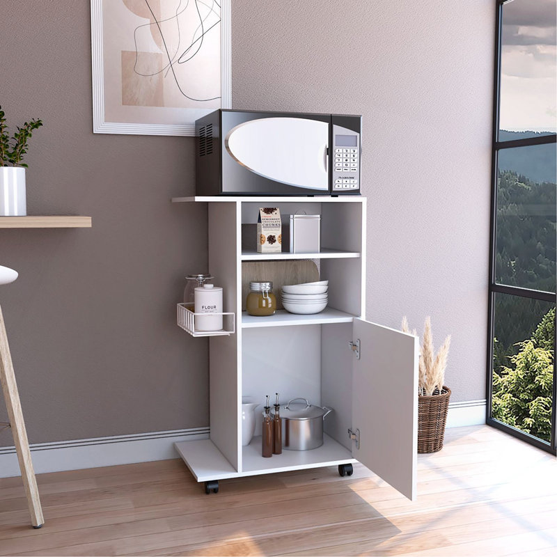 Chariot de cuisine moderne H 39 po, armoire à une porte, quatre roulettes, une tablette latérale, Blanc