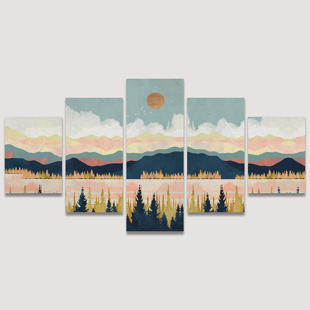 " SIGNLEADER Large Wall Decor Canvas Wall Art Print Print Sun Over Pastel Mountain Lake And Forest Nature Wilderness Illustrations Minimalism Rustic Landscape Colorful For Living Room, Bedroom, Office " 5 - Pieces SIGNLEADER