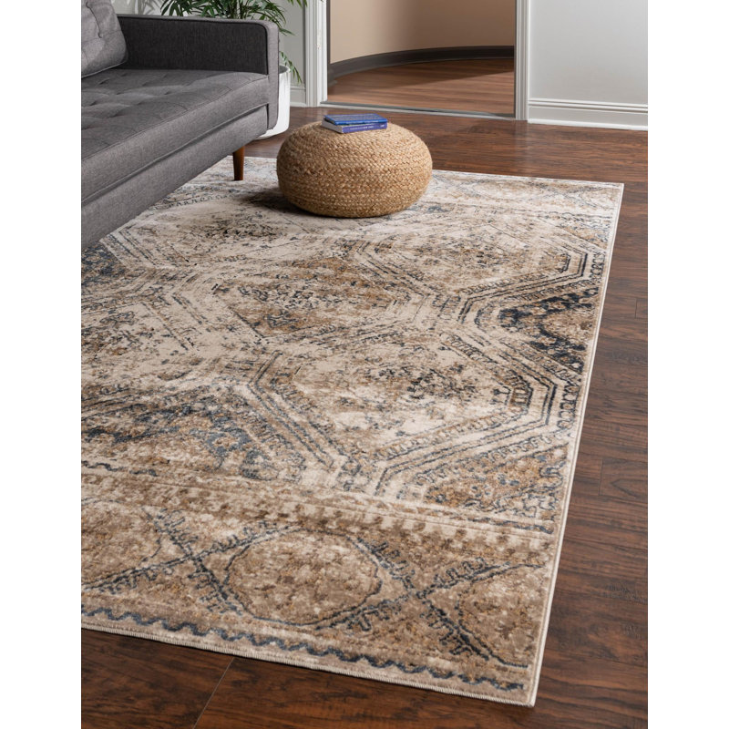 Tapis oriental bleu et beige Coran, Rectangulaire 6 pi 1 po x 9 pi