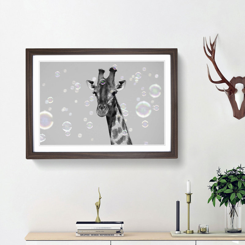 Giraffe Through the Bubbles - Picture Frame Graphic Art Print, 48cm H x 65cm W x 2cm D, Walnut Framed