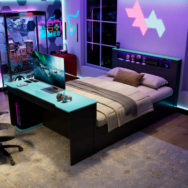 Wood Daybed With Twin Size Trundle,Desk,LED Light And USB, Black/Blue