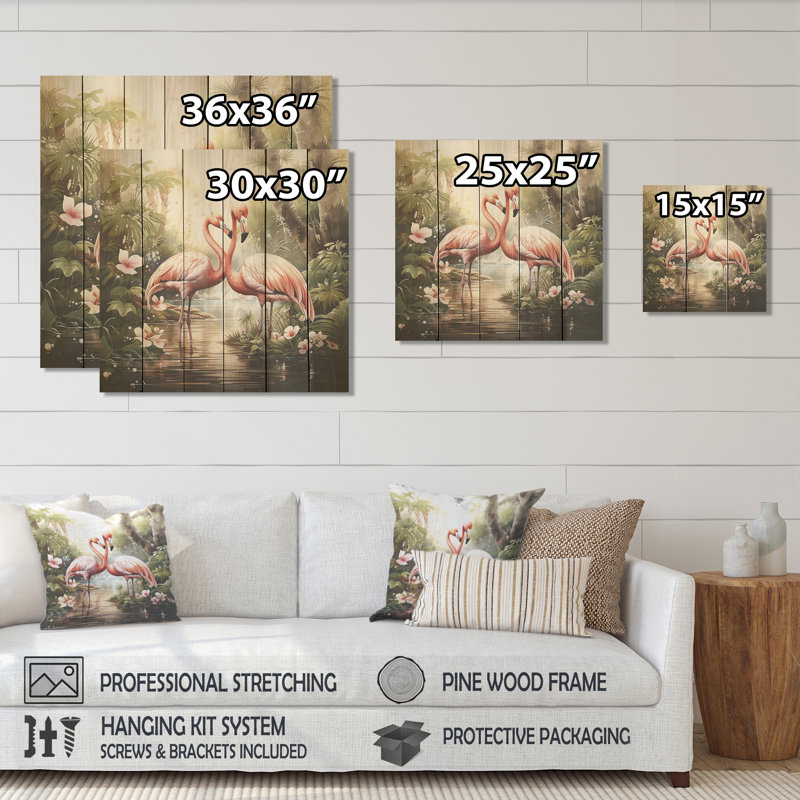 Flamants tropicaux - Flamant rose sur bois, H 36 po x l 36 po