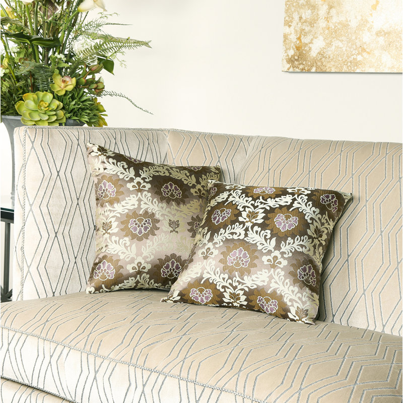 Coussin Brocade, brun, motif floral beige