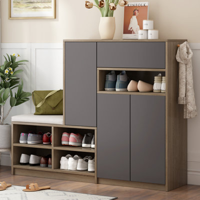 2-in-1 Shoe Storage Bench & Cabinet with Padded Seat — Adjustable Shelves, Versatile Shoe Rack for Hallway, Grey