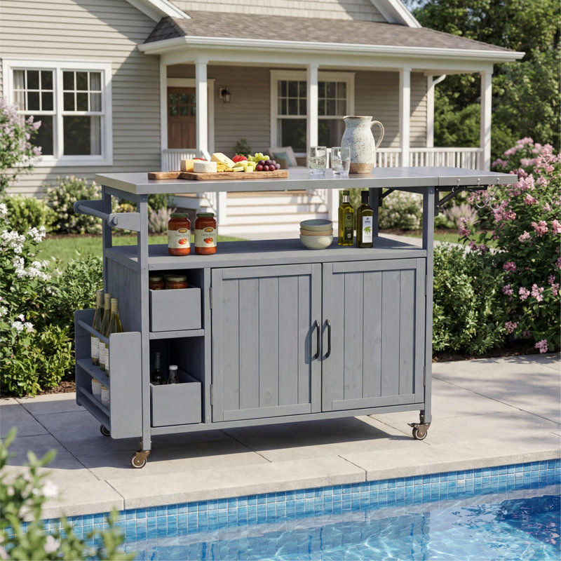 54.33" Farmhouse Rolling Outdoor Kitchen Cart, Solid Wood Frame With Stainless Steel Top, Spice Rack, Towel Rack, Lockable Wheels & Multi-Functional Storage For Patio, Backyard BBQ & Kitchen