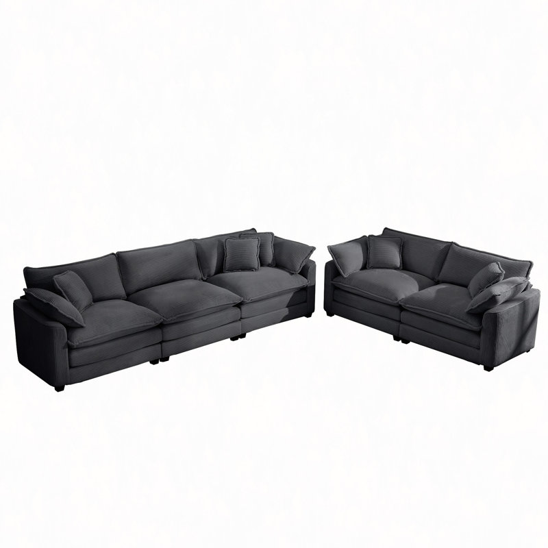 Ensemble de canapé de salon en tissu deux pièces, deux canapés 2 places avec grand fauteuil inclinable à 8 coussins, tissu velours côtelé gris