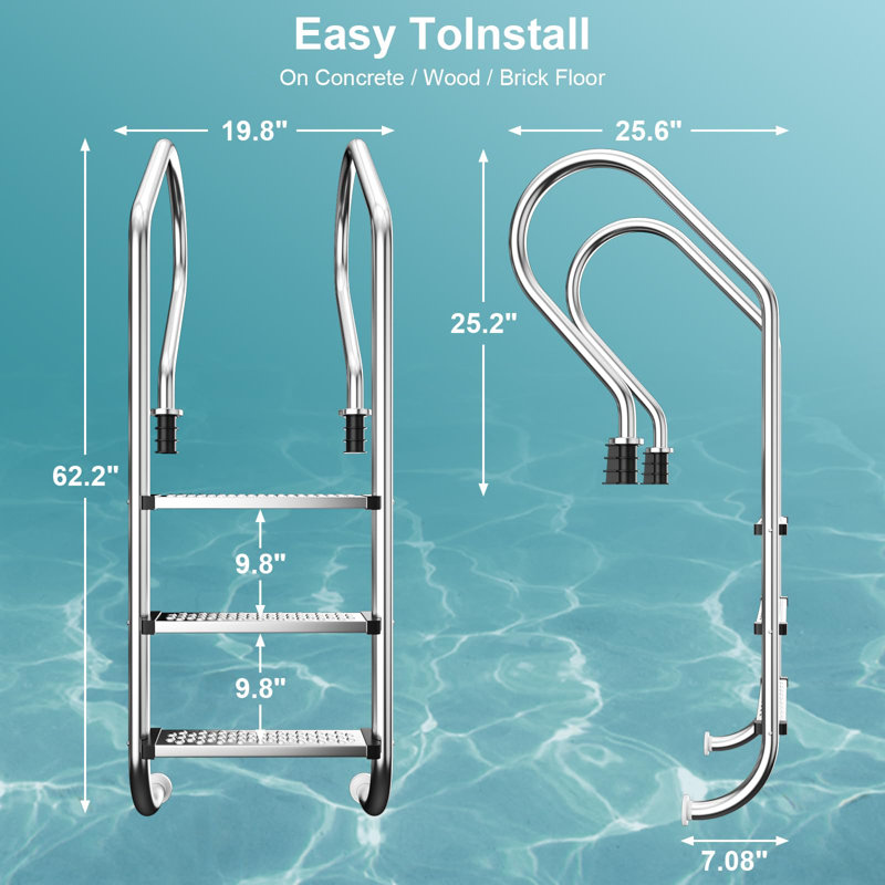 Échelle de piscine, marche en acier inoxydable à 3 marches pour piscine intérieure / extérieure, échelle robuste antidérapante, capacité de poids de 330 lb, assemblage facile