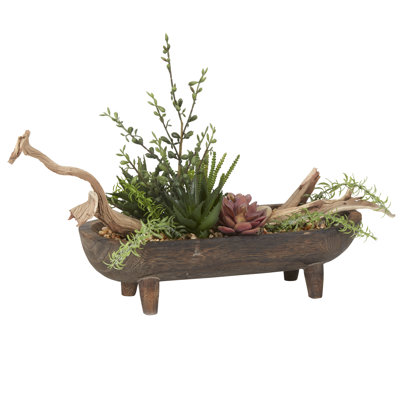 Faux Succulent in Solid Wood Planter