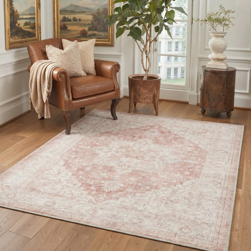 Tapis oriental ivoire / rose lavable à la machine avec envers antidérapant, Rectangle 9 pi x 12 pi