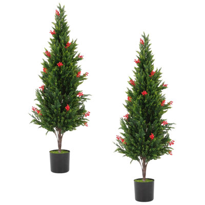 5.25 Ft Outdoor Faux Topiary With Red Berries, Artificial Cedar Trees Set Of 2, For Porch & Home Decor