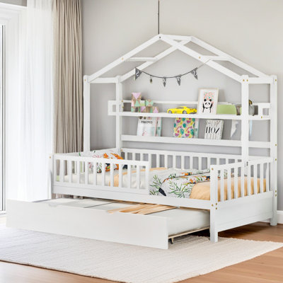 Wooden House Bed With Twin Size Trundle