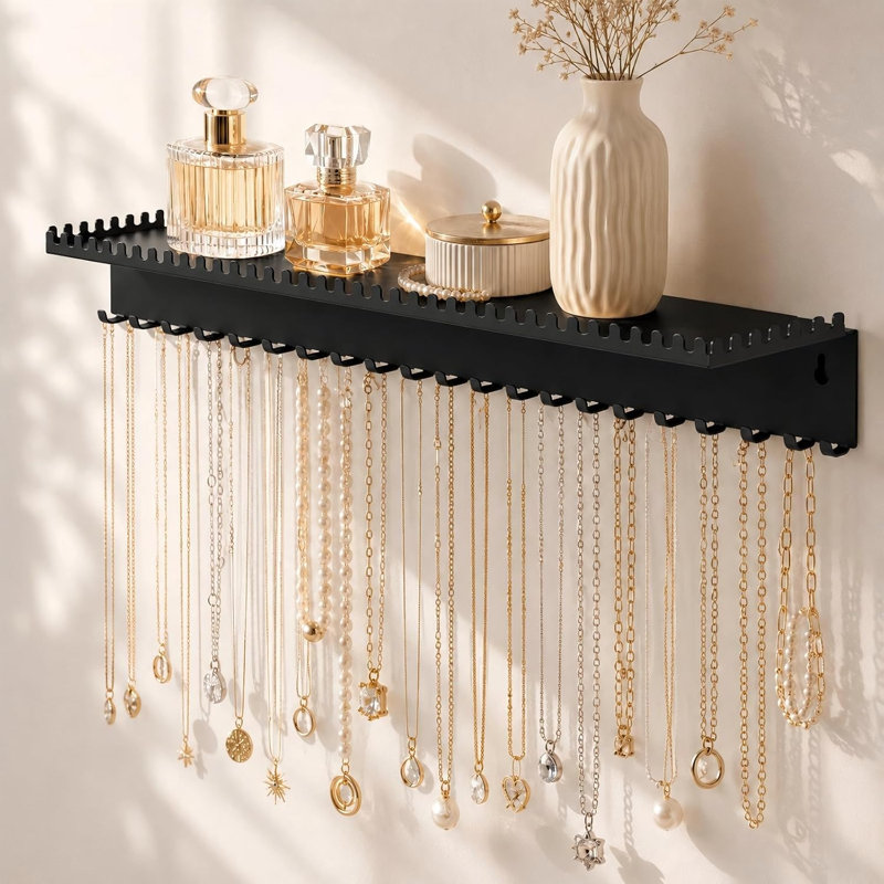 Porte-colliers mural avec tablette, organisateur de bijoux mural, Black