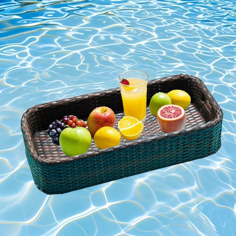 Plateau de service rectangulaire flottant, plateau flottant en osier avec porte-gobelets, porte-gobelet flottant d'une capacité de 13 lb pour bancs de sable, spas, salle de bain, fêtes à la piscine, brun