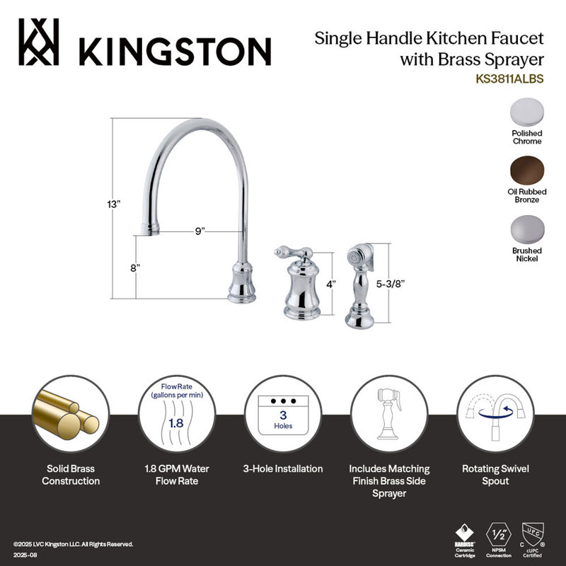 Kingston Brass Restoration Single-Handle 3-Hole Widespread Kitchen Faucet with Brass Sprayer, Brushed Nickel