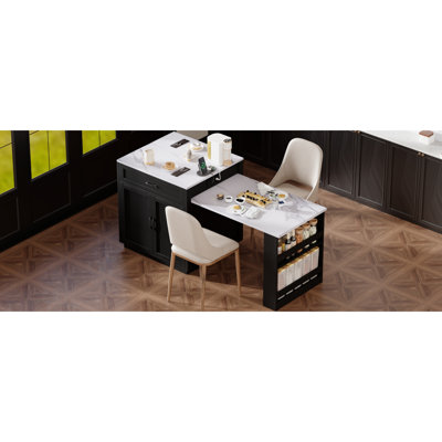 82.7 Inch Extendable Kitchen Island Dining Table For 2-6, White, Double Storage, 2 Ac Outlets, Port, Type-C Side Storage With 2-6 People, Double Lockable Wheels, Shelves, Elegant Design